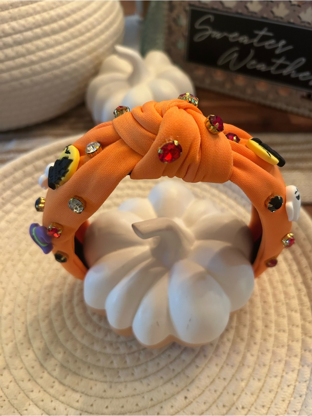 Embellished Orange Knotted Headband with Multicolor Gems